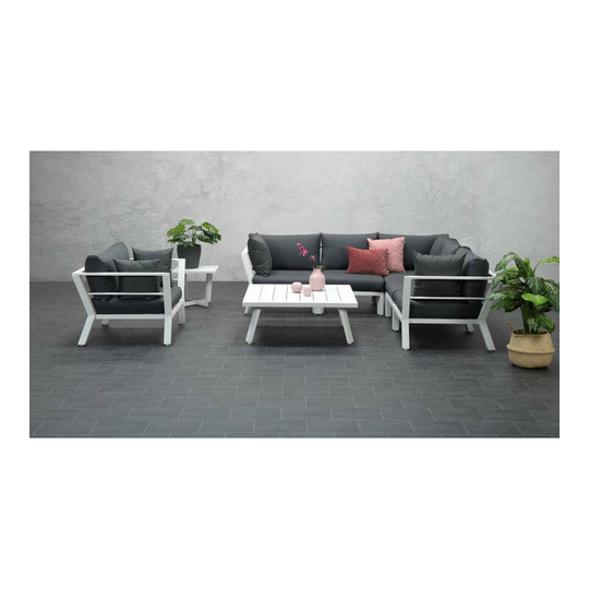 Sicilly Corner Group and Armchair with Coffee Table - Matt White frame with Charcoal Cushions