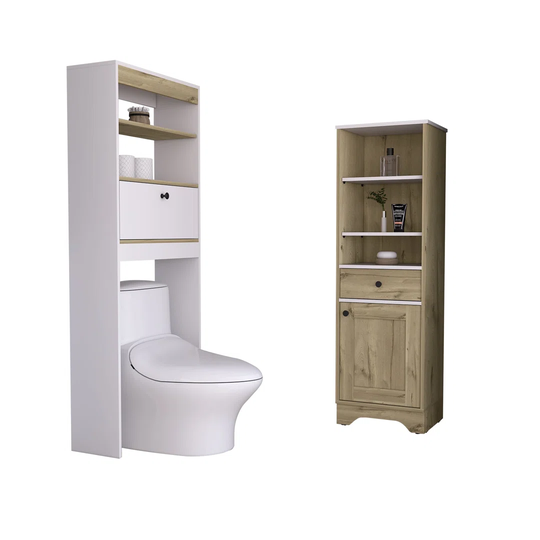 Set Malaga, 1 Door 1 Drawer Column Furniture + Bathroom Shelves Over Toilet