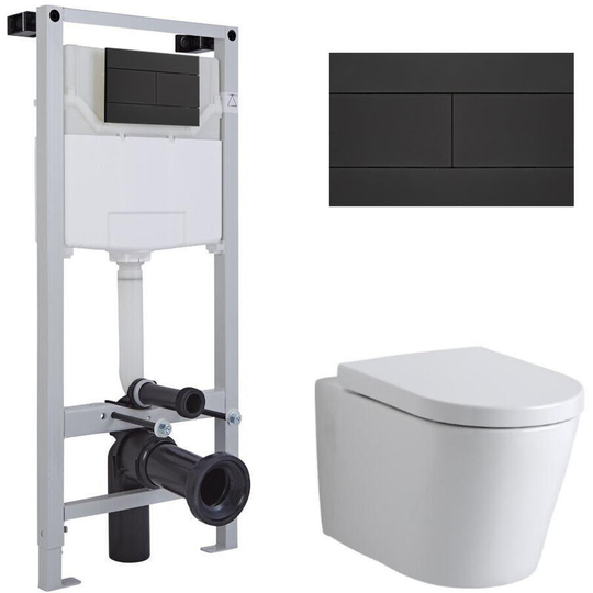 Milano - Ballam - White Ceramic Modern Bathroom Wall Hung Round Toilet wc with Tall Wall Frame, Dual Flush Cistern, Soft Close Seat and Black Flush