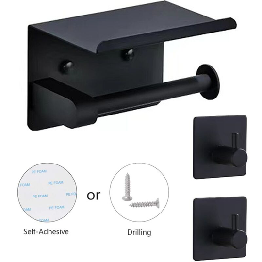 Toilet Paper Holder with Phone Shelf + 2 Robe Hooks, Wall Mounted Stainless Steel Toilet Roll Holder (Black), Double Sided Adhesive Without Drill or