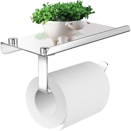 Toilet Paper Holder with Phone Shelf, Stainless Steel Polished Chrome Tissue Roll Dispenser, Wall Mounted Tissue Paper Holder for Bathroom