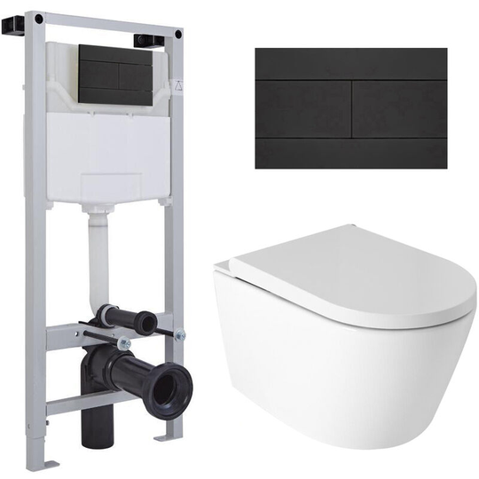 Milano - Luxus - Modern White Ceramic Wall Hung Japanese Bidet Toilet with Tall Wall Frame Cistern and Black Flush Plate