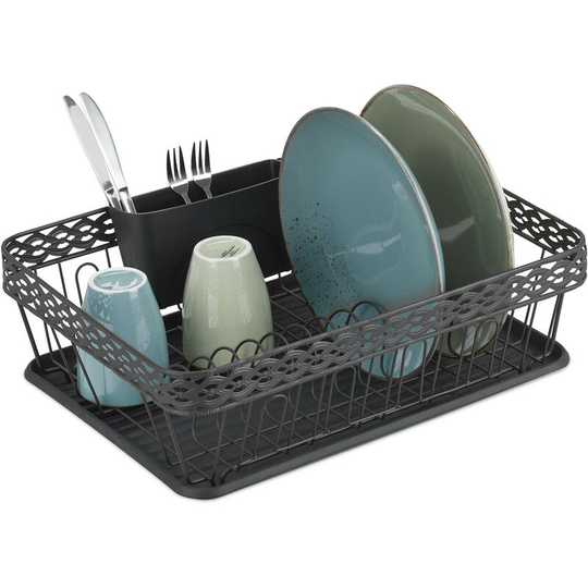 Relaxdays - Dish Drainer, Drying Rack with Cutlery Holder & Drip Tray, Metal & Plastic, hwd 15.5 x 45 x 35 cm, Black