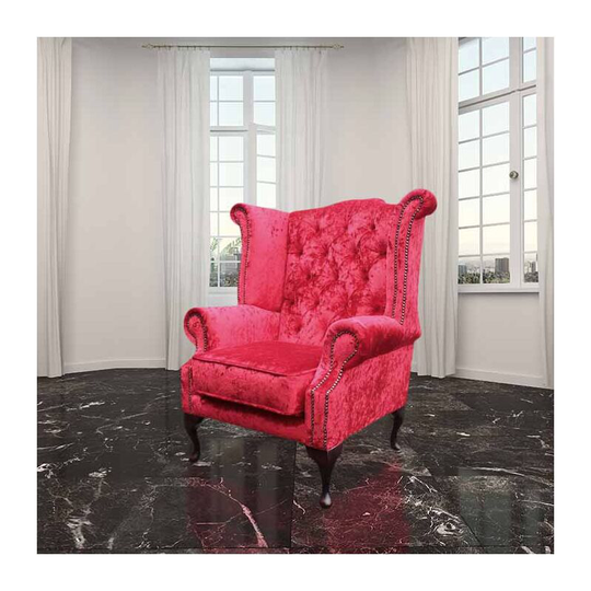 Chesterfield Queen Anne High Back Wing Chair Plush Red Velvet