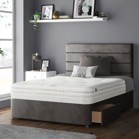 Kiara Stripped Floor Standing Headboard With Divan Base 4 Drawers Plush Velvet Mallard With And Metal Feet (Kingsize)