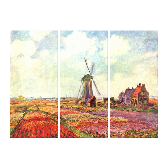 'Tulip Field in Holland' by Claude Monet 3 Piece Painting Print Set on Canvas