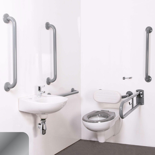 NymaPRO Wall Hung Doc m Toilet Pack with Stainless Steel Grab Rails and TMV3 Valve - Polished - Nymas