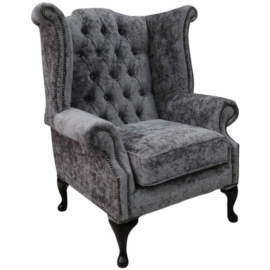 Chesterfield Fabric Queen Anne High Back Wing Chair Belvedere Pewter Grey Velvet