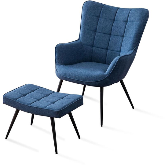 Vera Linen / Velvet Occasional Lounge Living Room Accent Chair Armchair Metal Legs Blue with Footstool - Blue with Footstool