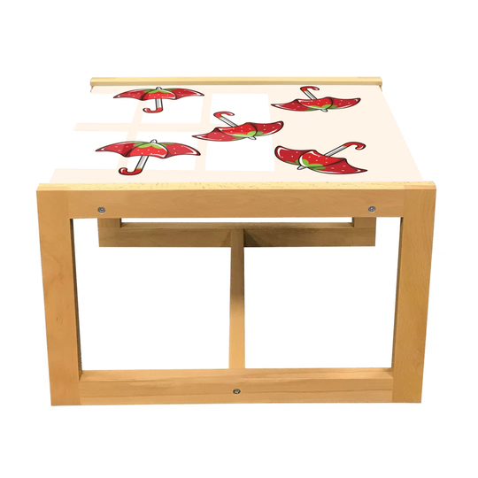 Umbrella Coffee Table, Colorful Cartoon Drawing Of Strawberry Ornamented Parasols On Plain Backdrop, Acrylic Glass Center Table With Wooden Frame For
