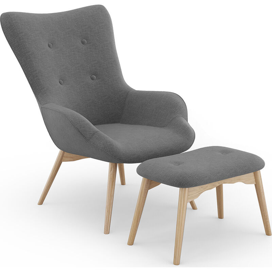Privatefloor - Linen upholstered armchair with footrest - Huda Dark grey Wood, Wood, Velvet, Polyester - Dark grey