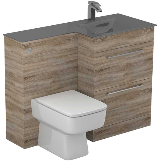 Wholesale Domestic - Venice Square Grey Glass 1100mm Right Hand 2 Drawer Bordalino Oak Vanity Unit Toilet Suite - Bordalino Oak