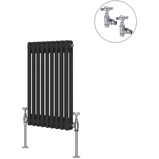 Traditional Rad Cast Iron Style Radiator Black + Chrome Angled Traditional Radiator Manual Valves 600x425mm Horizontal Double Column