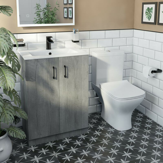 Orchard - Lea concrete floorstanding vanity unit with black handle 600mm and Derwent square close coupled toilet suite - Grey