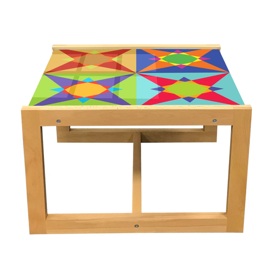 Modern Coffee Table, Colorful Design Of Quirky Shapes And Geometric Formation Circles And Triangles, Acrylic Glass Center Table With Wooden Frame For
