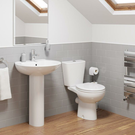 Bathroom Cloakroom Suite Close Coupled Toilet Basin Full Pedestal White Modern - Silver