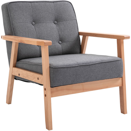 Retro Accent Single Chair Beech Wood Frame Armchair Cushion Linen Fabric - Grey - Homcom