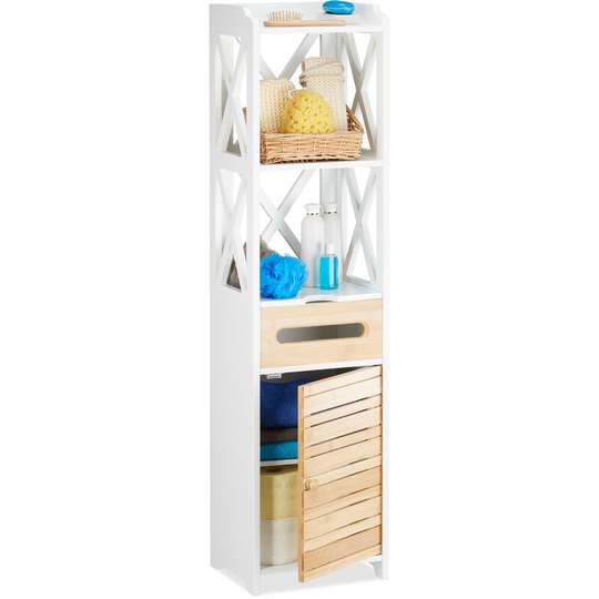 Relaxdays Large Cabinet with 6 Shelves, Multipurpose for Bathroom or Kitchen, Narrow Shelving Cupboard for Corners, White