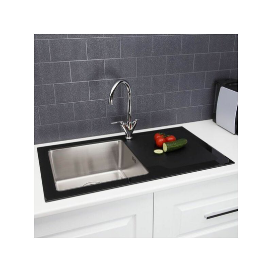 Sauber - Kitchen Sink 1.0 Single Bowl Black Glass rh Drainer Stainless Steel Waste