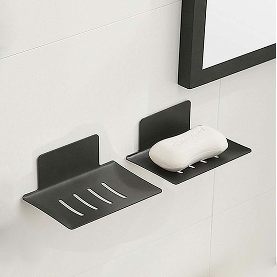 2PCS Soap Dish Shower Waterfall, Black Stainless Steel Soap Tray, Self Adhesive Bar Soap Holder with Drain, Soap Saver Drainer for