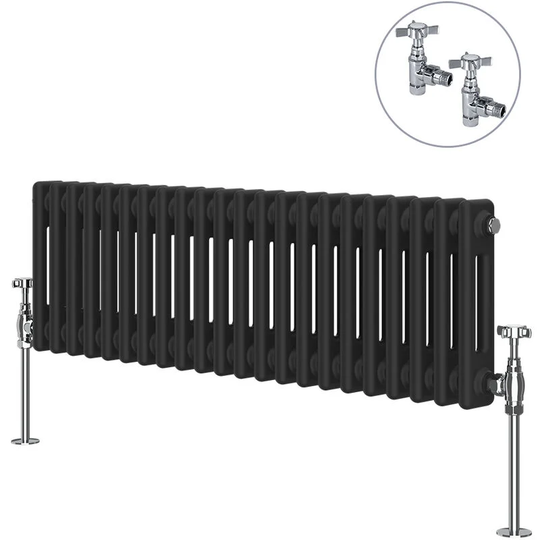 Traditional Rad Cast Iron Style Radiator Black + Chrome Angled Traditional Radiator Manual Valves 300x1010mm Horizontal Double Column