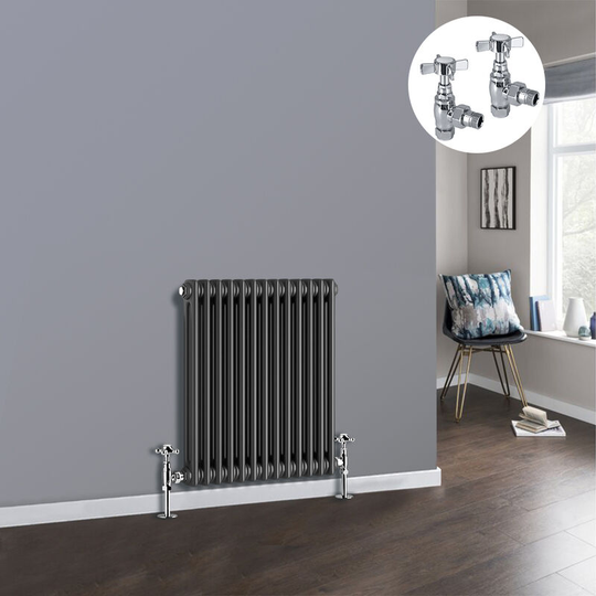 Anthracite 2 Column Traditional Cast Iron Style Radiator with Chrome Angled Cross Head Manual Valves Horizontal 600x605mm