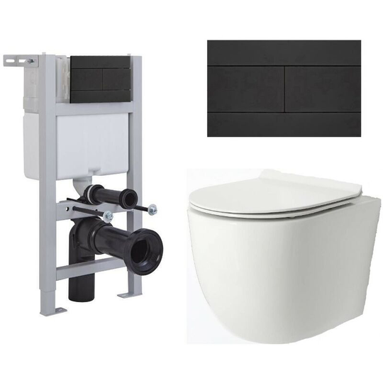 Milano Overton - White Ceramic Modern Bathroom Wall Hung Rimless Toilet with Short Wall Frame, Cistern and Black Square Flush Plate