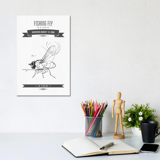 W.D. Kuntz Fishing Fly Patent Sketch Retro (Charcoal) by Aged Pixel - Wrapped Canvas Graphic Art