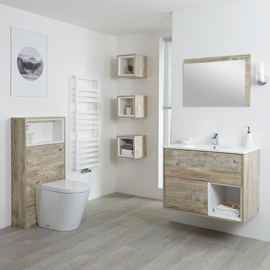 Milano - Bexley - Light Oak 810mm Bathroom Vanity Unit with Basin, Toilet wc Unit and Back to Wall Pan - With led Lights