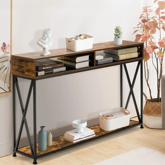3-Tier Console Table, X- Shaped Wooden Side End Table With 2 Compartments And Storage Shelf, Narrow Sofa Table Hall Desk For Living Room Bedroom Entry