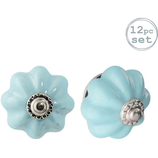 Floral Ceramic Cabinet Knobs - Blue - Pack of 12 - Nicola Spring