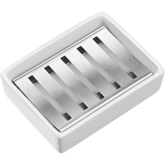 Perlerare - Soap Dish, Soap Box Ceramic SUS304 Stainless Steel Soap Holder for Barthroom Shower Double Layer Draining (White)