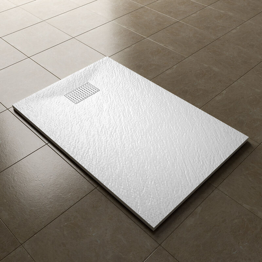 1200x800mm Slip-Resistance Shower Tray White Slate Effect Square Shower Enclosure Base with Waste Trap and Stainless Steel Drain Cover a - Elegant