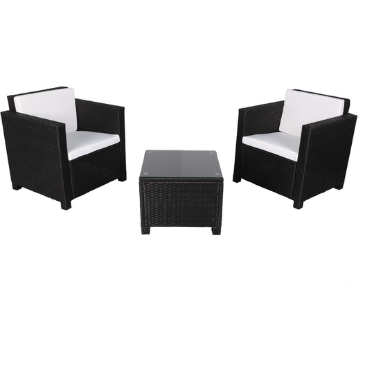 Matira - Rattan Sofa Set - Garden Furniture - Braided Resin - 2 Armchairs, 1 Table - Intemperie Resistant - Soft Cushions - 2 Seats - Black Beige