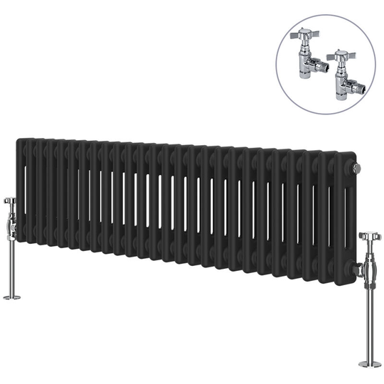 Traditional Rad Cast Iron Style Radiator Black + Chrome Angled Traditional Radiator Manual Valves 300x1190mm Horizontal Double Column