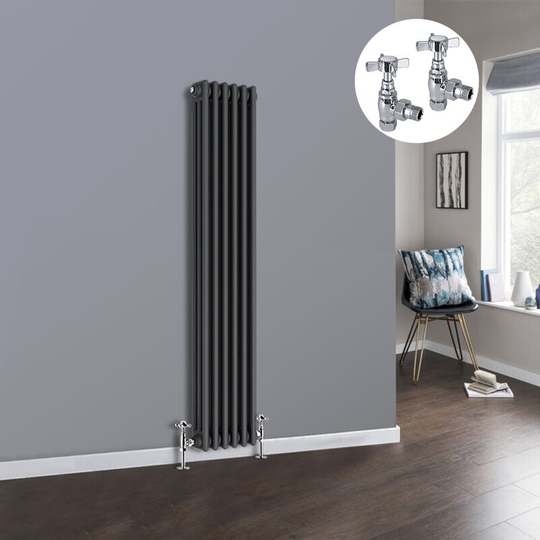 Anthracite 3 Column Traditional Cast Iron Style Radiator with Chrome Angled Cross Head Manual Valves Vertical 1500x292mm