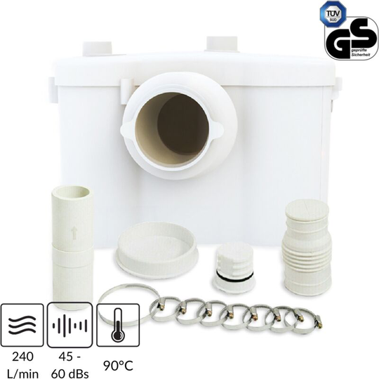 Sanitary Macerator Pump 600W wc with repair panel and security alarm for toilet, sink, and bathtub
