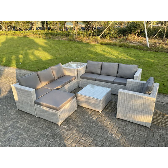 Light Grey Outdoor Rattan Garden Furniture Set Corner Sofa Set 2 Coffee Table Big Footstool Armchair - Fimous