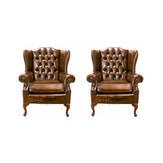 Chesterfield 2 x Mallory Wing Chair Leather Sofa Suite Offer Antique Gold