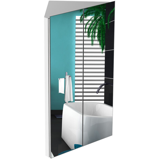 Corner Mirrored Bathroom Cabinet w/ 3 Shelves 2 Doors On-Wall Storage - Silver - Kleankin