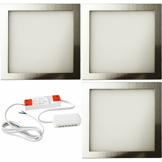 Loops - 3x brushed nickel Ultra-Slim Square Under Cabinet Kitchen Light & Driver Kit - Warm White led