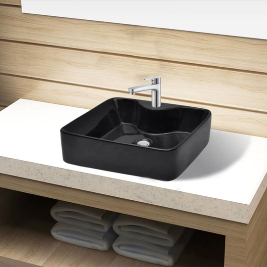 Ceramic Bathroom Sink Basin with Faucet Hole Black Square VD04215