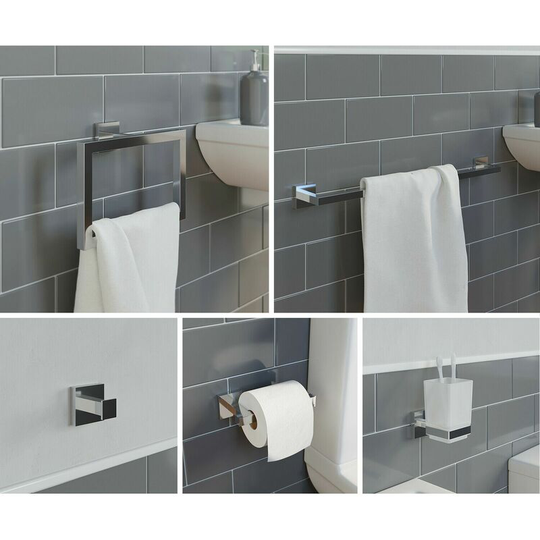 Bathroom Accessories Set Toilet Roll Holder Towel Ring Rail Tumbler Robe Hook - Silver