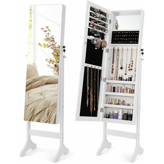Free-Standing Jewelry Cabinet Full Length Mirror Makeup Storage Cabinet Lockable