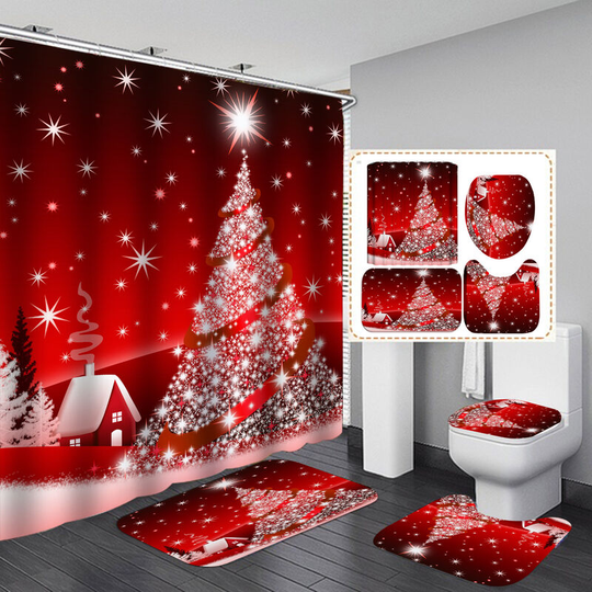 Sunflowergb - 4 Piece Christmas Bathroom Sets with Non-Slip Rugs, Toilet Lid Cover, Bath Mat and Shower Curtain with 12 Hooks for Christmas