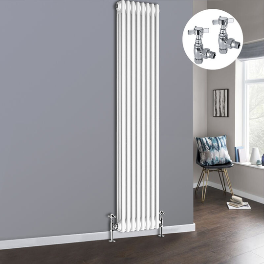 White 3 Column Traditional Cast Iron Style Radiator with Chrome Angled Cross Head Manual Valves Vertical 1800x382mm