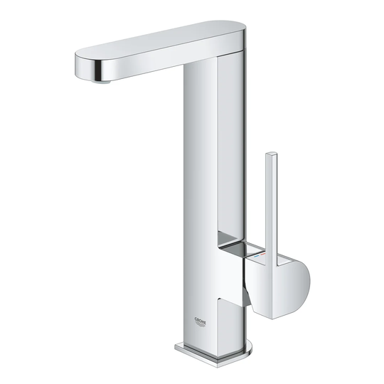 GROHE Plus single lever basin mixer, L-size, pull-out spout, pop-up waste set. Water-saving tap in chrome finish. 23843003