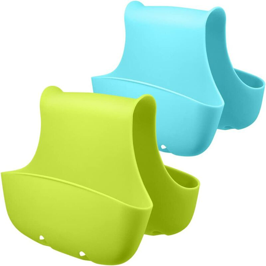 Set of 2 Sponge Holder for Double-sink, Caddy Brush Soap Organizer Bathroom Kitchen Storage Basket Plastic - Blue, Green