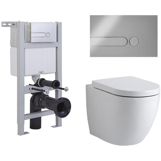 Milano - Irwell - White Ceramic Modern Bathroom Wall Hung Round Toilet wc with Short Wall Frame Cistern and Dot Chrome Flush Plate