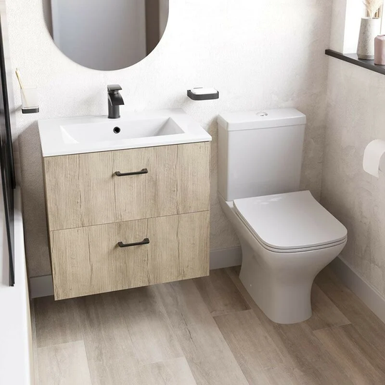 Lea oak wall hung vanity unit with black handle 600mm and Derwent square close coupled toilet suite - Oak - Orchard